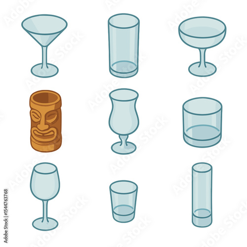 Isometric Cocktail Glass Icons. Isometric Flat icon set of cocktail glassware varieties: martini glass, highball glass, coupe