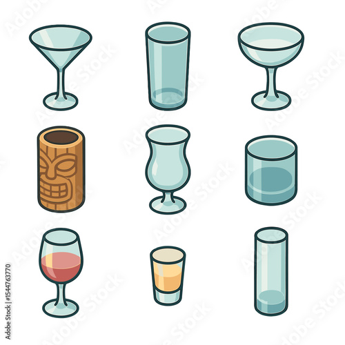 Isometric Cocktail Glass Icons. Isometric Flat icon set of cocktail glassware varieties: martini glass, highball glass, coupe