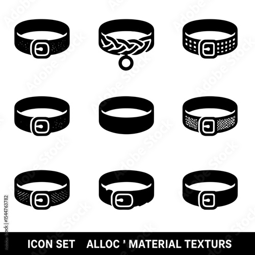 Collar Material Icons. Solid, filled icons set of collar materials and textures: leather grain, woven rope,