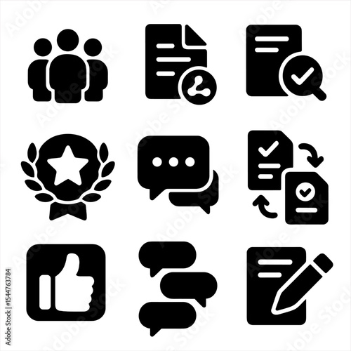 Collaborative Tools Icons. Solid, filled icons set of collaborative learning tools: group icon, shared doc,