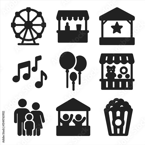 Community Fair Icons. Solid, filled icons set of community fair fun: Ferris wheel, food stand, community stage