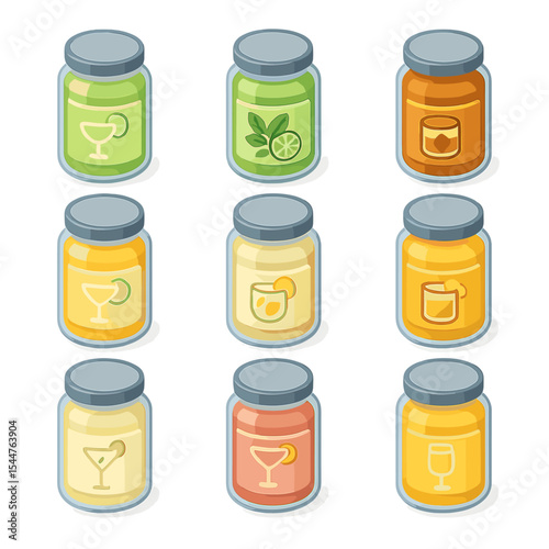 Cocktail Mixers Icons Grid. Isometric Flat icon set of cocktail mixers in jars: margarita mix, mojito base, old fashioned syrup,