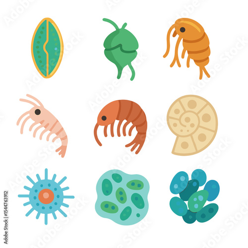 Colorful Plankton Icons. Isometric Flat icon set of plankton and microorganisms: diatom, dinoflagellate, copepod, krill, amphipod,