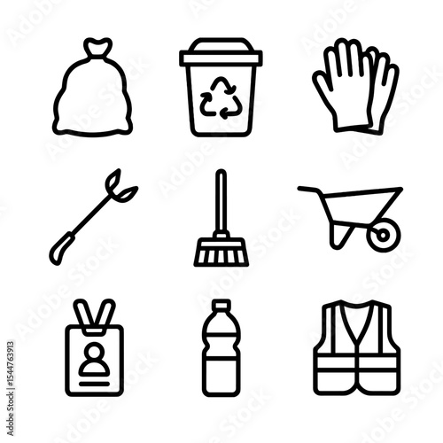 Community Cleanup Icons. Outline icon set of community cleanup: trash bag, recycling bin, gloves, litter picker, broom,