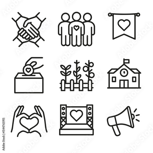 Community Icon Set. Outline icon set of community engagement programs: group handshake, volunteer team, charity banner, donation