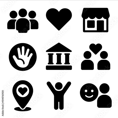 Community Giving Icons. Solid, filled icons set of local and community-based giving: community icon, local