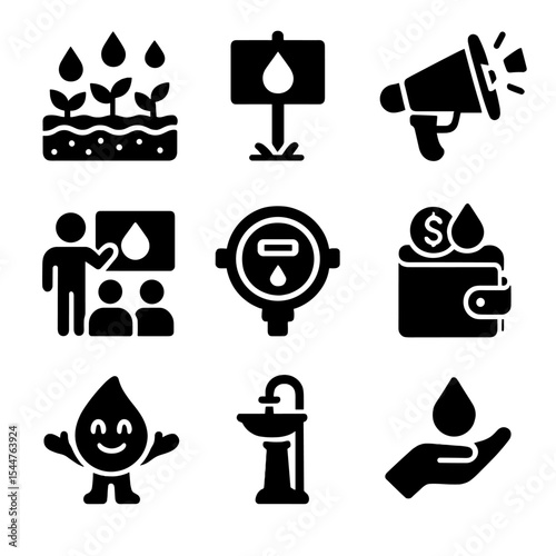 Community Water Icons. Solid, filled icons set of community water saving initiatives: community rain garden, educational sign, water-saving campaign, water-wise workshops, smart meter program, 