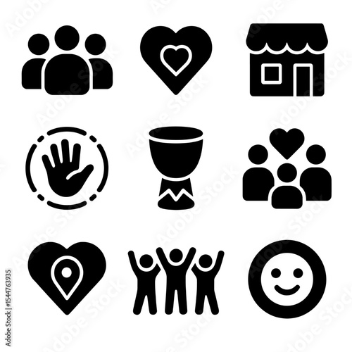 Community Giving Icons. Solid, filled icons set of local and community-based giving: community icon, local