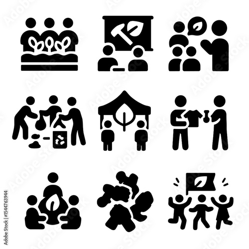 Community Eco-Action Icons. Solid, filled icons set of community eco-actions: community garden, green workshop, eco talk, local cleanup, green fair, swap event, 