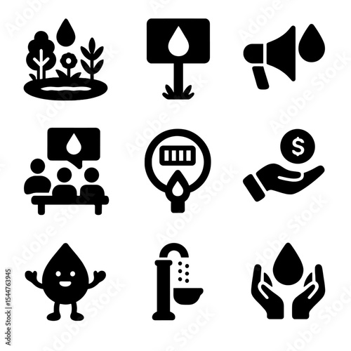 Community Water Icons. Solid, filled icons set of community water saving initiatives: community rain garden, educational sign, water-saving campaign, water-wise workshops, 