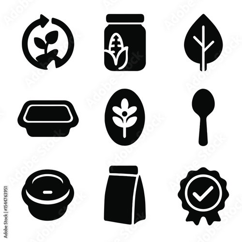 Compostable Packaging Icons. Solid, filled icons set of compostable packaging symbols: compost logo,