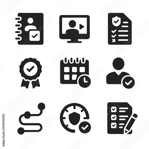 Compliance Training Icons. Solid, filled icons set of compliance training and certification: training module,