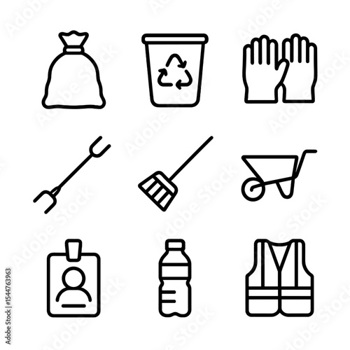 Community Cleanup Icons. Outline icon set of community cleanup: trash bag, recycling bin, gloves, litter picker, broom,