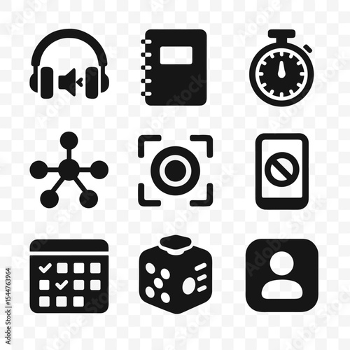 Concentration Tools Icons. Solid, filled icons set of concentration tools: noise-canceling headphones,