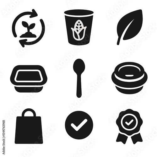 Compostable Packaging Icons. Solid, filled icons set of compostable packaging symbols: compost logo,
