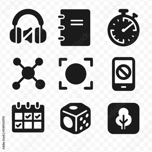 Concentration Tools Icons. Solid, filled icons set of concentration tools: noise-canceling headphones,