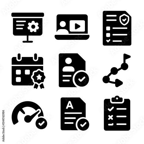 Compliance Training Icons. Solid, filled icons set of compliance training and certification: training module,