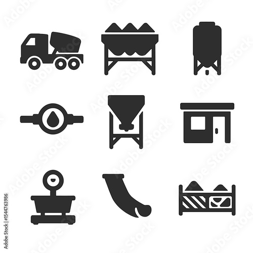 Concrete Equipment Icons. Solid, filled icons set of ready-mix concrete equipment: drum mixer, aggregate bin,