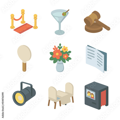 Community Gala Icons. Isometric Flat icon set of community fundraiser galas: red carpet, cocktail glass, auction gavel, silent