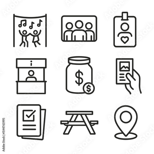 Community Event Icons. Outline icon set of community and social events: dance festival banner, group photo icon, volunteer badge,