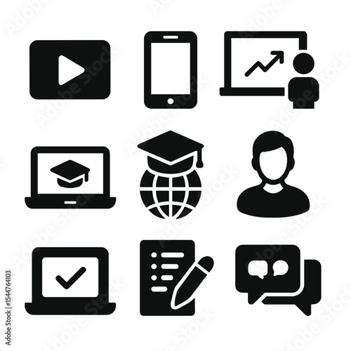 Connected Learning Icons. Solid, filled icons set of connected learning experiences: video icon, tablet icon,