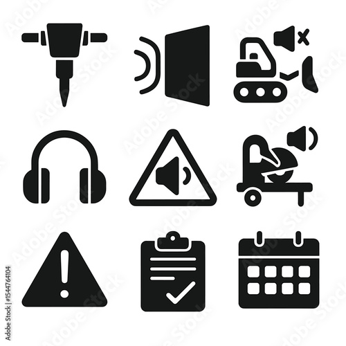 Construction Noise Icons. Solid, filled icons set of construction site noise reduction: jackhammer icon, noise