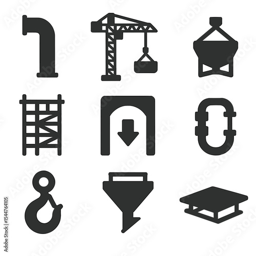 Construction Icons Grid. Solid, filled icons set of high-rise concrete placement: vertical pipe, tower crane,