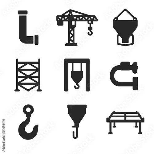 Construction Icons Grid. Solid, filled icons set of high-rise concrete placement: vertical pipe, tower crane,
