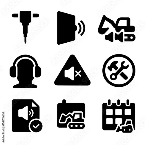 Construction Noise Icons. Solid, filled icons set of construction site noise reduction: jackhammer icon, noise