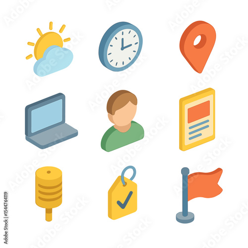 Context-Aware Marketing Icons. Isometric Flat icon set of Context-Aware Marketing: weather icon, time-of-day clock, location pin,