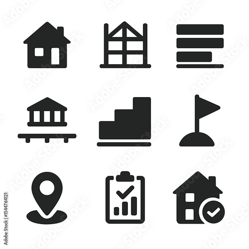 Construction Phase Icons. Solid, filled icons set of construction phasing: phase 1 build, phase 2 frame, floor