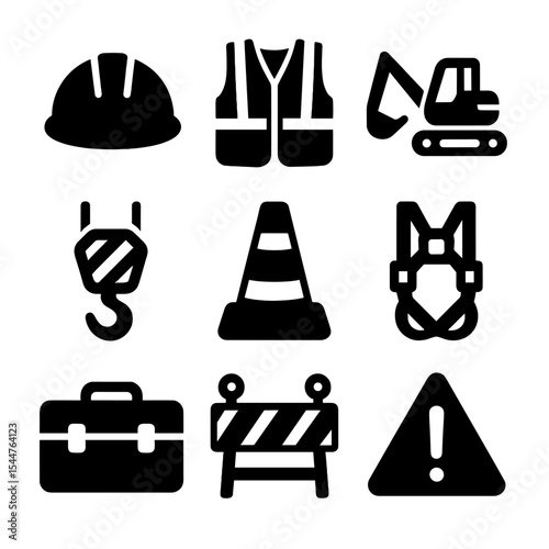 Construction Safety Icons. Solid, filled icons set of safety in construction machinery and equipment: hard hat, safety vest, excavator icon, crane hook, caution cone, safety harness, toolbox, 