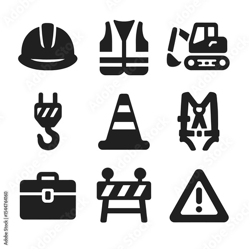 Construction Safety Icons. Solid, filled icons set of safety in construction machinery and equipment: hard hat, safety vest, excavator icon, crane hook, caution cone, 