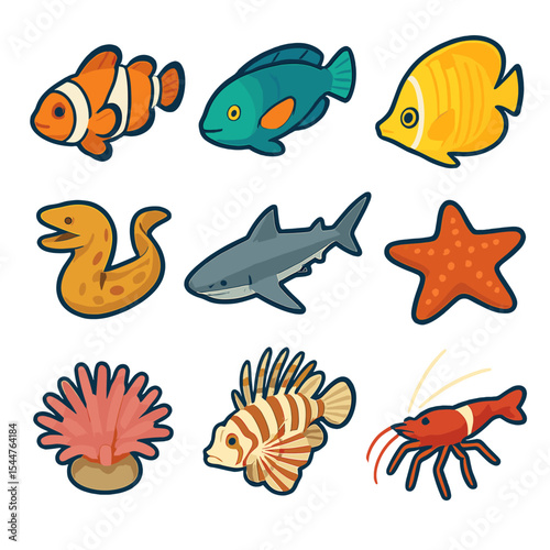 Coral Reef Icons. Isometric Flat icon set of coral reef inhabitants: clownfish, parrotfish, butterflyfish, moray eel, reef shark,