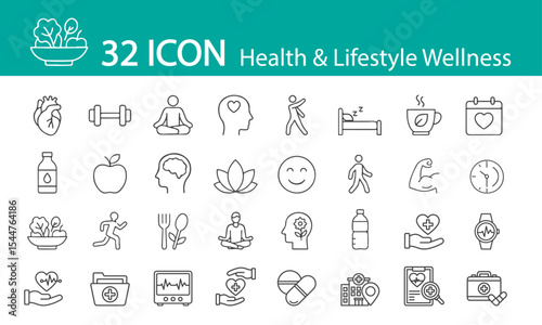 A modern set of 32 black and white line icons focusing on holistic health, wellness, fitness, and self-care. Perfect for websites, apps, infographics, and lifestyle content.