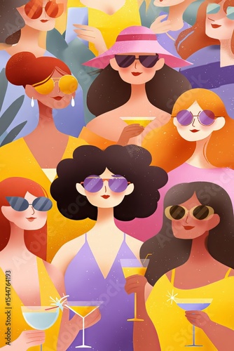Colorful illustration of a group of women in sunglasses, wearing summer outfits, celebrating together with cocktails. The mood is lively and cheerful, depicting a fun summer gathering.