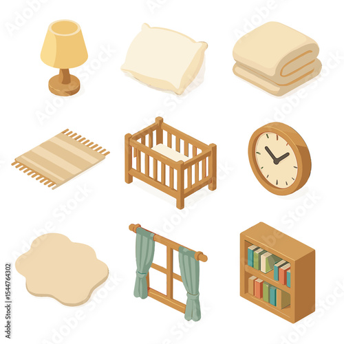 Cozy Bedroom Icon Set. Isometric Flat icon set of cozy bedroom scene: nightstand lamp, fluffy pillow, soft blanket, wooden crib,