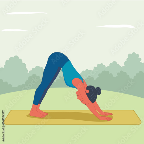 A women doing Downward Facing Dog (Adho Mukha Svanasana) in park.