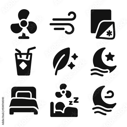 Cooling Summer Icons. Solid, filled icons set of summer night thermostat care: fan icon, breeze wave, cool sheet, iced drink, fresh air, summer night, light bedding, sleep fan, night cool.