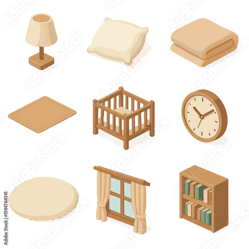 Cozy Bedroom Icon Set. Isometric Flat icon set of cozy bedroom scene: nightstand lamp, fluffy pillow, soft blanket, wooden crib,
