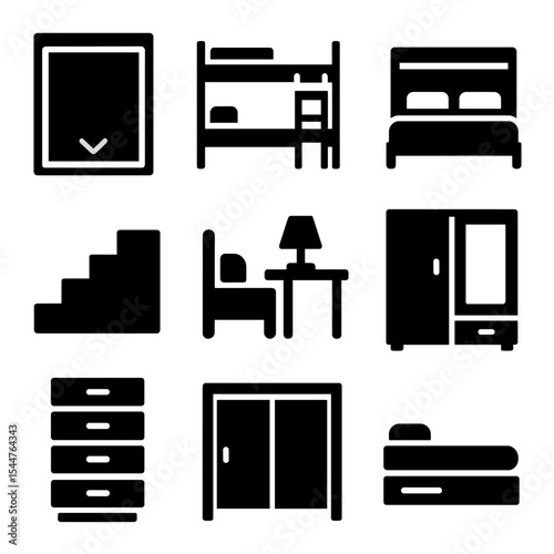 Convertible Bedroom Icons. Solid, filled icons set of convertible bedroom furniture: wall bed, bunk bed with