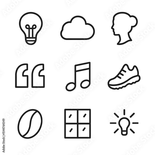 Creative Inspiration Icons. Outline icon set of writing inspiration sparks: light bulb, brainstorming cloud, muse silhouette,