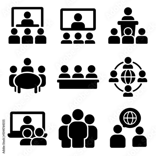 Corporate Meeting Icons. Solid, filled icons set of international corporate meetings: conference icon, video