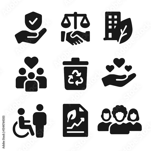 Corporate Responsibility Icons. Solid, filled icons set of corporate social responsibility: ethical business,