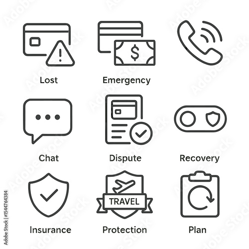 Credit Card Emergency Icons. Outline icon set of credit card emergencies and support: lost card icon, emergency cash advance,