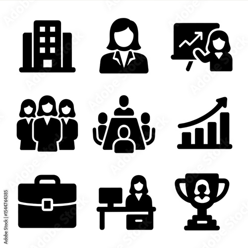 Corporate Women Icons. Solid, filled icons set of women in corporate culture: office building, female manager,