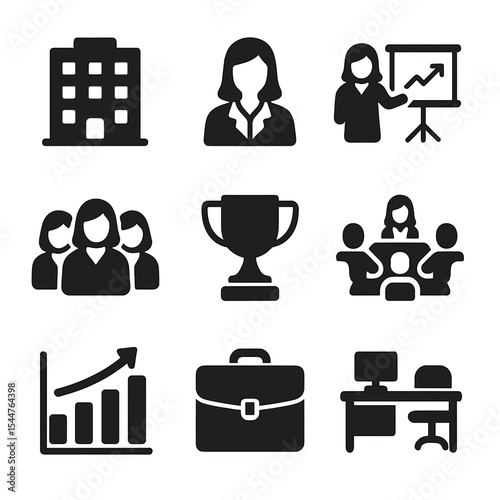 Corporate Women Icons. Solid, filled icons set of women in corporate culture: office building, female manager,