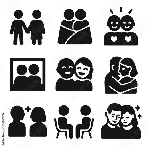 Couple Bonding Icons. Solid, filled icons set of couple bonding and shared memories: hand in hand, shared blanket, couple glow,
