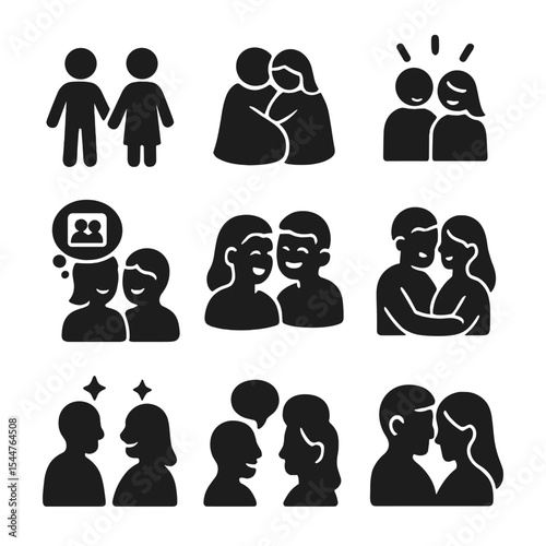 Couple Bonding Icons. Solid, filled icons set of couple bonding and shared memories: hand in hand, shared blanket, couple glow, cozy memory,.