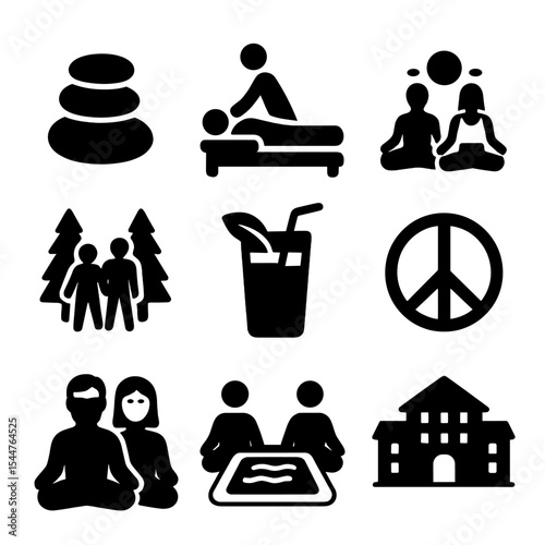 Couples' Wellness Icons. Solid, filled icons set of couples' retreat and wellness travel: spa stone, massage